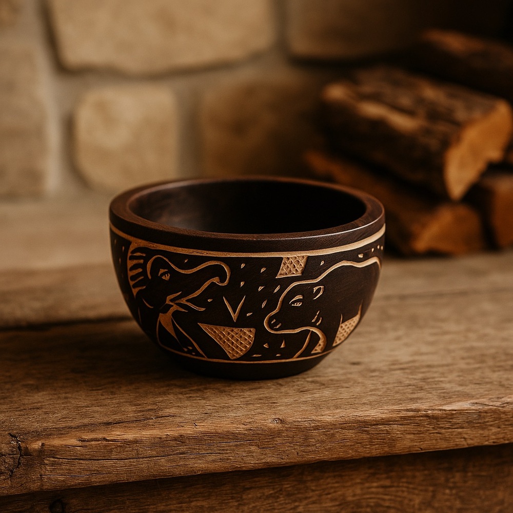 Hand-Carved Wooden Decorative Bowl Safari Elephant Tribal Art 4.5” Rustic